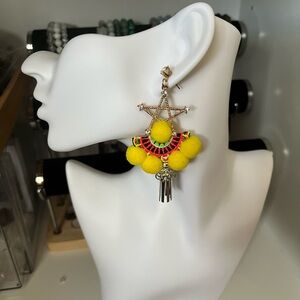 HMONG Yellow Pom Pom Silver Dangle Earrings